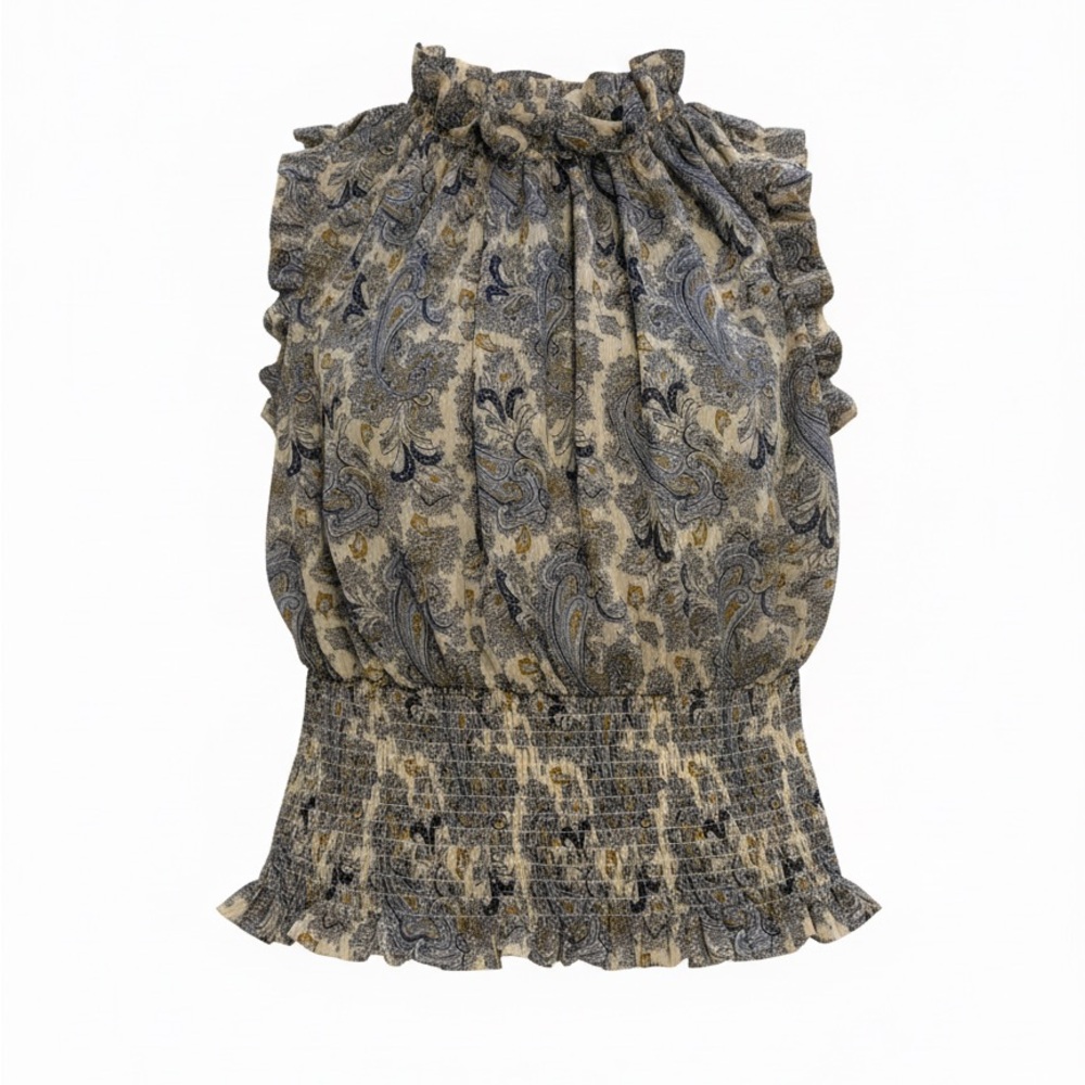 Ruffled Smocked Paisley Camisole in Navy and Tan